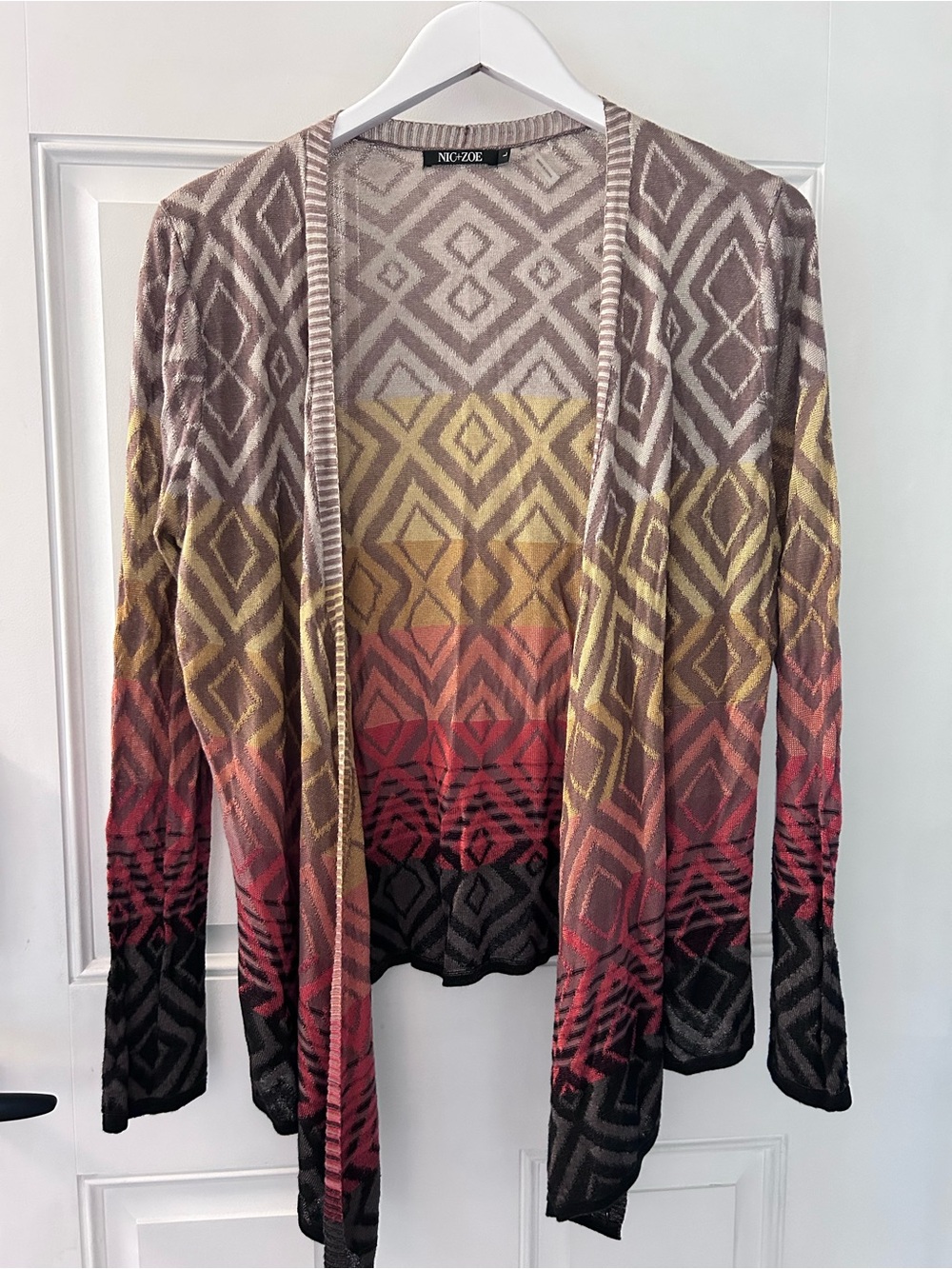 NIC+ZOE Brown Yellow Red Gradient Open-Front Geometric Cardigan